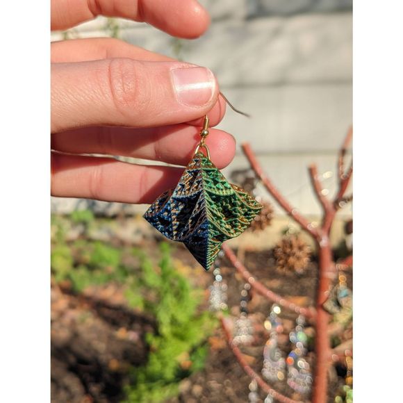 Color Changing Blue-Green-Orange 3D Printed Warped Sierpinski Octahedron Earring - Picture 3 of 8